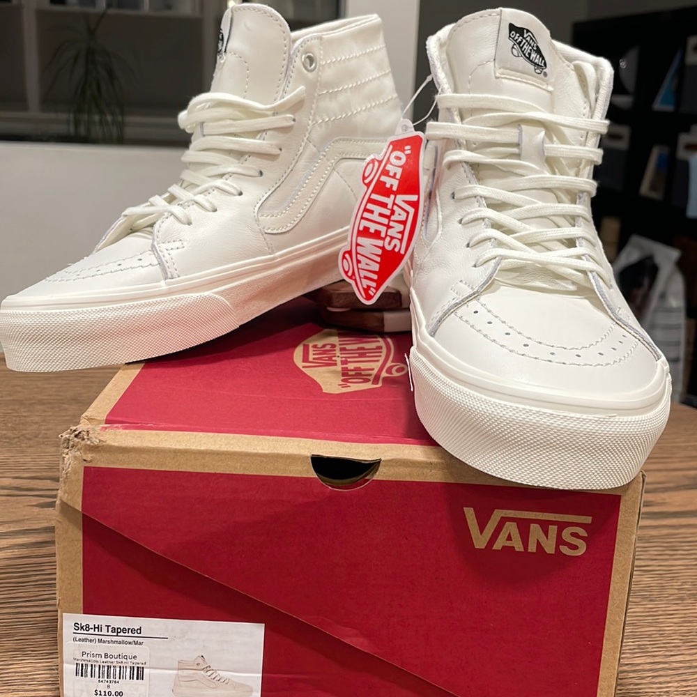 Never worn, NWT Vans leather marshmallow sk8-hi tapered.